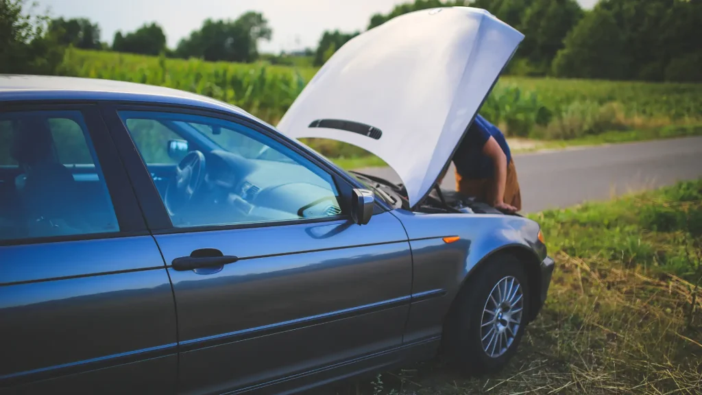 Person inspecting the engine of a car with the hood raised on the side of the road.
