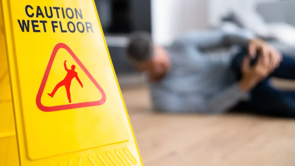 Wet floor caution sign with a person in the background who has fallen