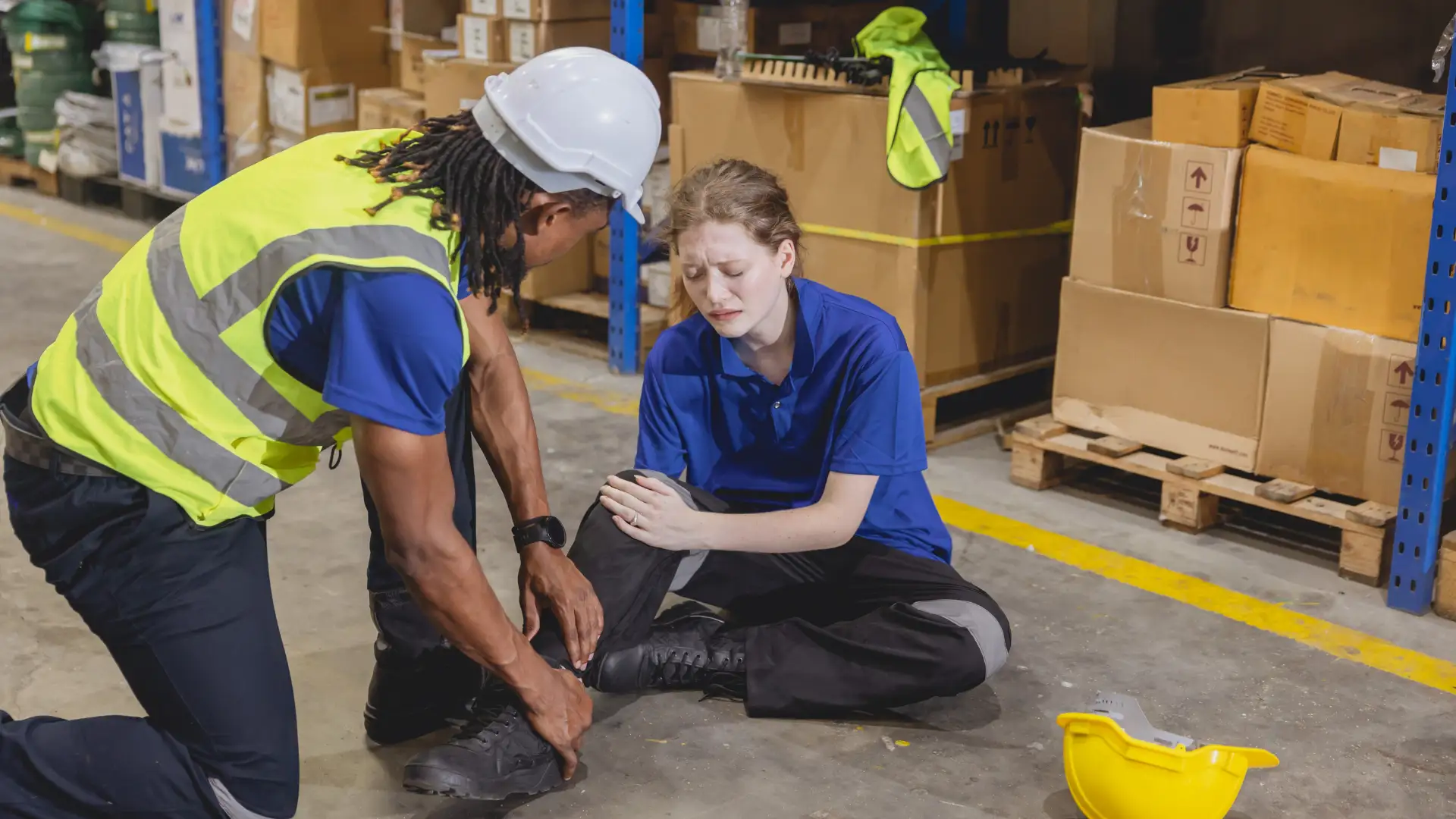 A worker assisting a colleague who appears injured while sitting on the floor in a warehouse