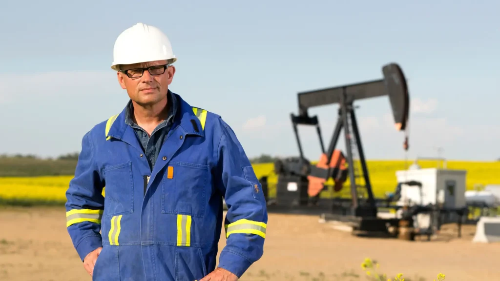 Oilfield worker in safety gear standing in front of a pump jack on a sunny day.