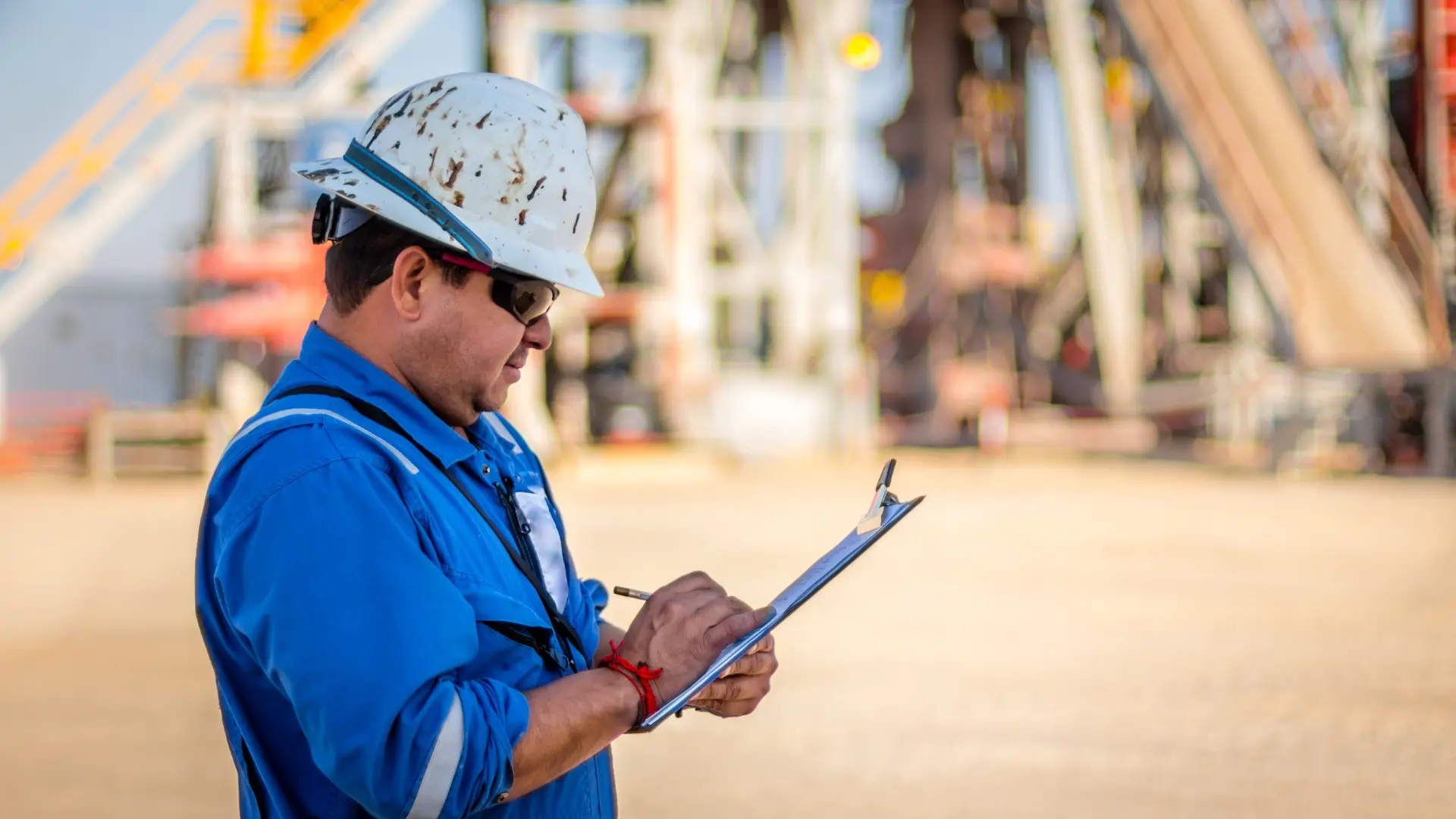 Engineer in safety gear writing on a clipboard at an oil drilling site.