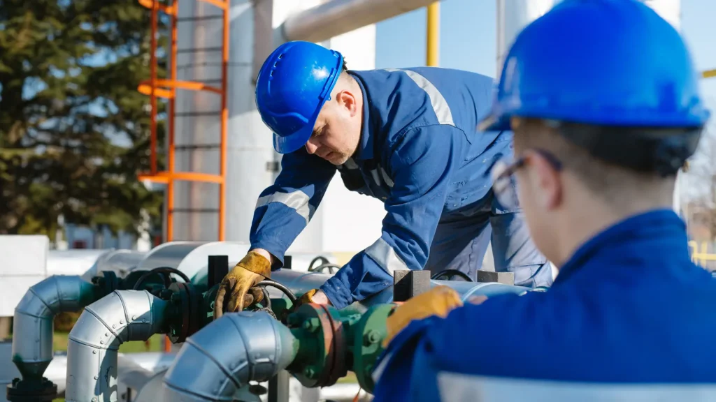 Industrial workers in blue uniforms and helmets inspecting machinery and pipelines.