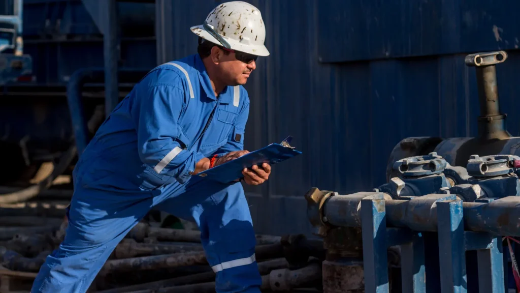 Oil and gas worker in protective gear inspecting equipment with a clipboard.